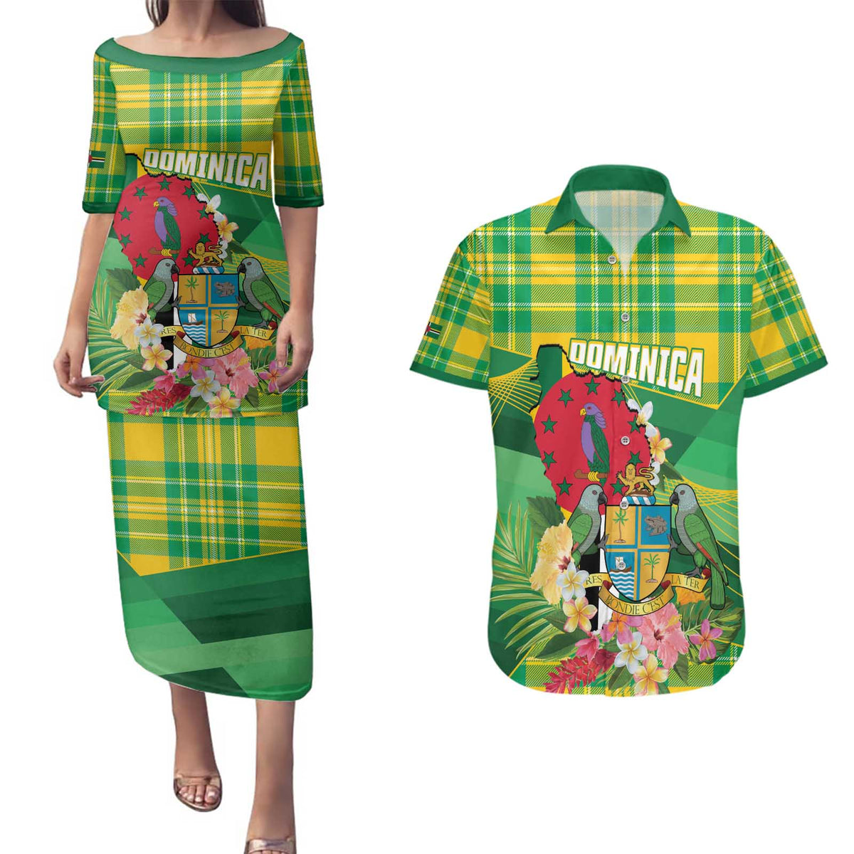 Personalized Dominica Independence Day Couples Matching Puletasi and Hawaiian Shirt Map With Coat Of Arms Madras Pattern - Wonder Print Shop