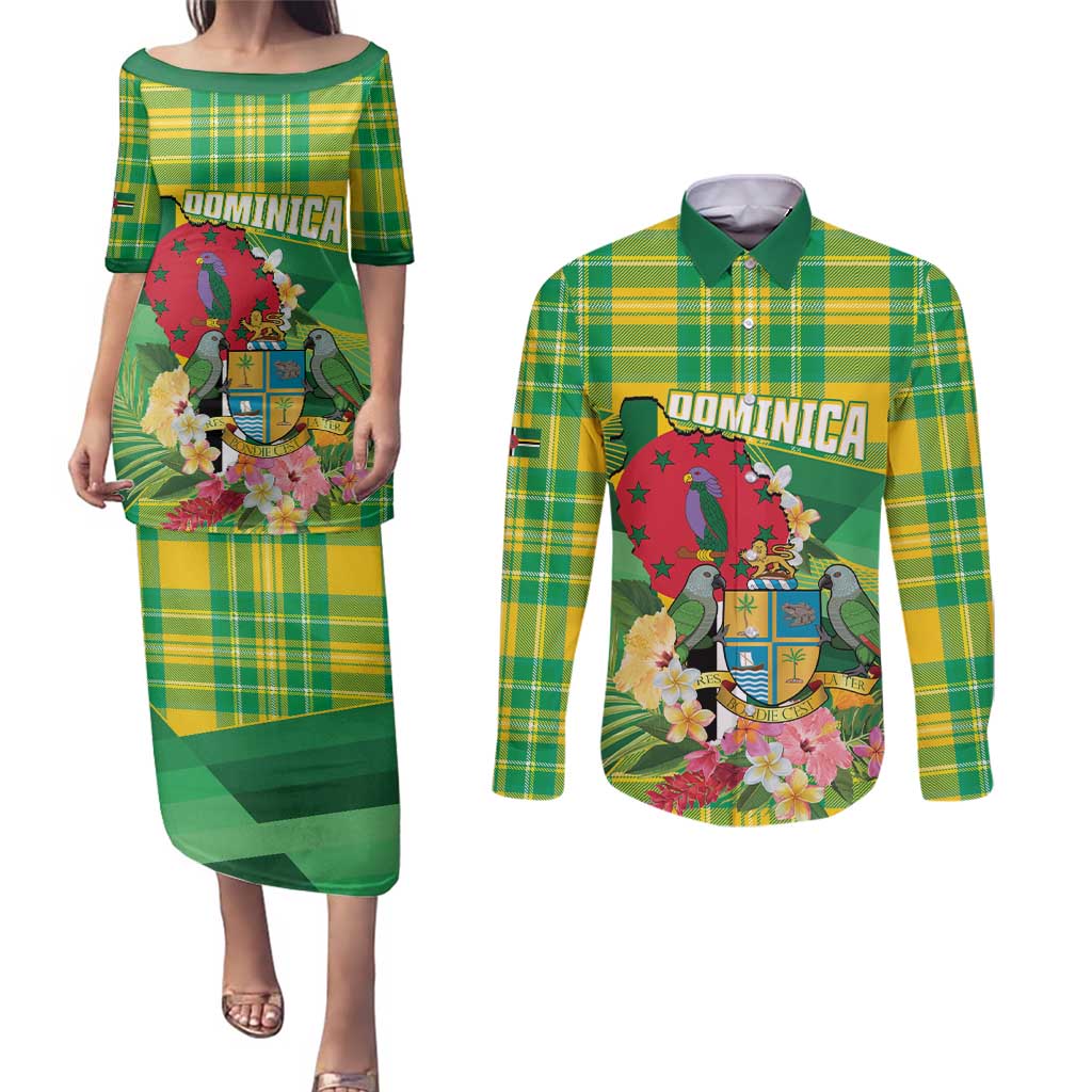 Personalized Dominica Independence Day Couples Matching Puletasi and Long Sleeve Button Shirt Map With Coat Of Arms Madras Pattern - Wonder Print Shop