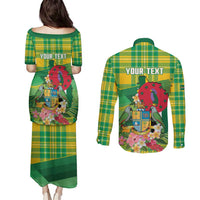 Personalized Dominica Independence Day Couples Matching Puletasi and Long Sleeve Button Shirt Map With Coat Of Arms Madras Pattern - Wonder Print Shop