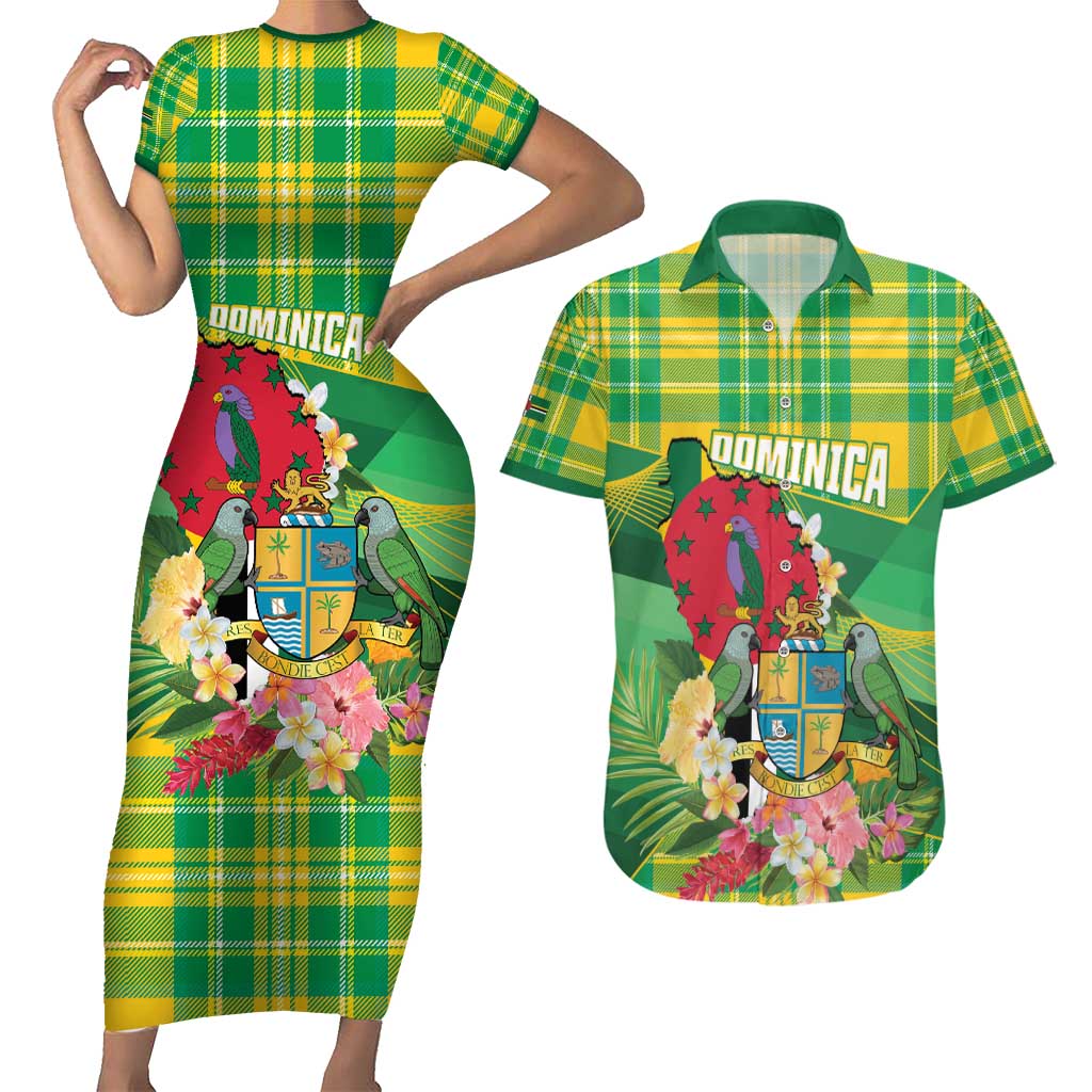 Personalized Dominica Independence Day Couples Matching Short Sleeve Bodycon Dress and Hawaiian Shirt Map With Coat Of Arms Madras Pattern - Wonder Print Shop