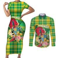 Personalized Dominica Independence Day Couples Matching Short Sleeve Bodycon Dress and Long Sleeve Button Shirt Map With Coat Of Arms Madras Pattern - Wonder Print Shop