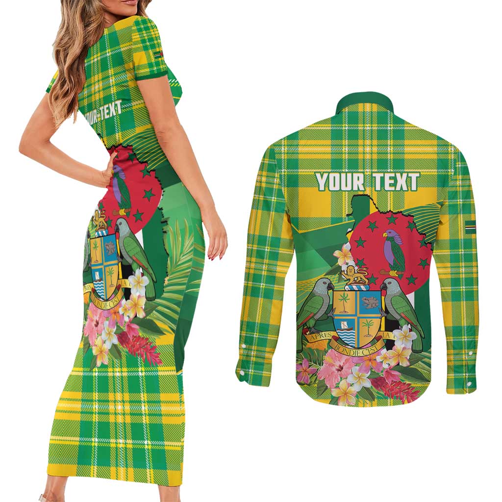 Personalized Dominica Independence Day Couples Matching Short Sleeve Bodycon Dress and Long Sleeve Button Shirt Map With Coat Of Arms Madras Pattern - Wonder Print Shop