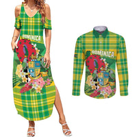 Personalized Dominica Independence Day Couples Matching Summer Maxi Dress and Long Sleeve Button Shirt Map With Coat Of Arms Madras Pattern - Wonder Print Shop