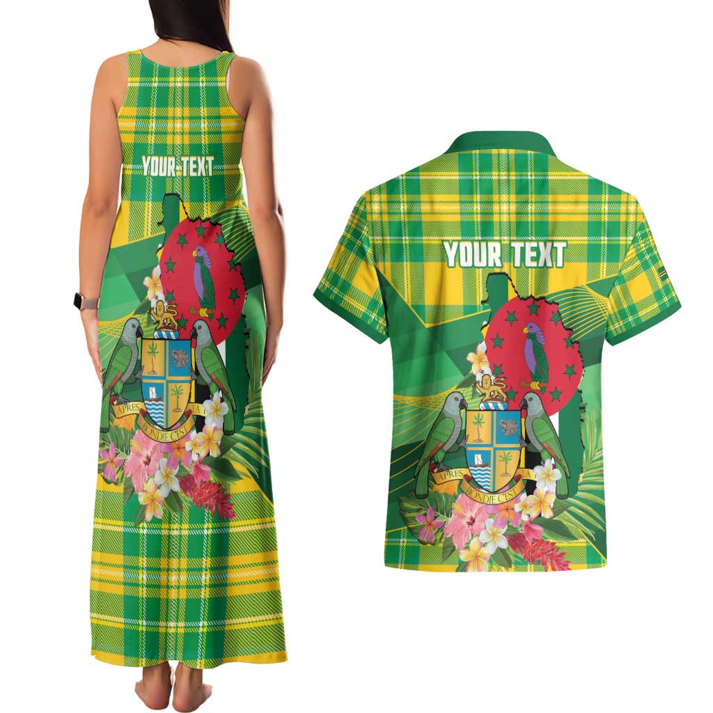 Personalized Dominica Independence Day Couples Matching Tank Maxi Dress and Hawaiian Shirt Map With Coat Of Arms Madras Pattern - Wonder Print Shop