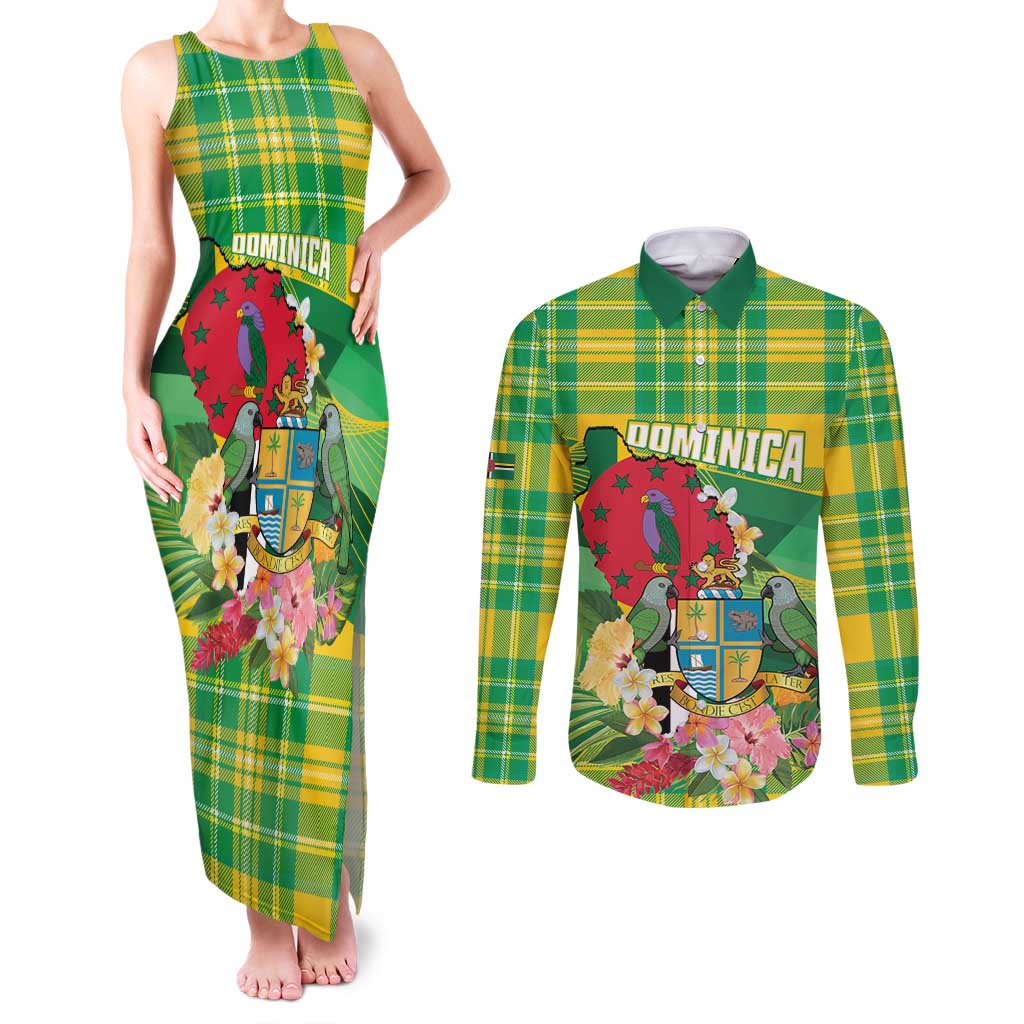 Personalized Dominica Independence Day Couples Matching Tank Maxi Dress and Long Sleeve Button Shirt Map With Coat Of Arms Madras Pattern - Wonder Print Shop