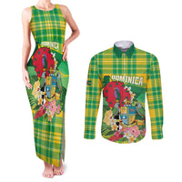 Personalized Dominica Independence Day Couples Matching Tank Maxi Dress and Long Sleeve Button Shirt Map With Coat Of Arms Madras Pattern - Wonder Print Shop