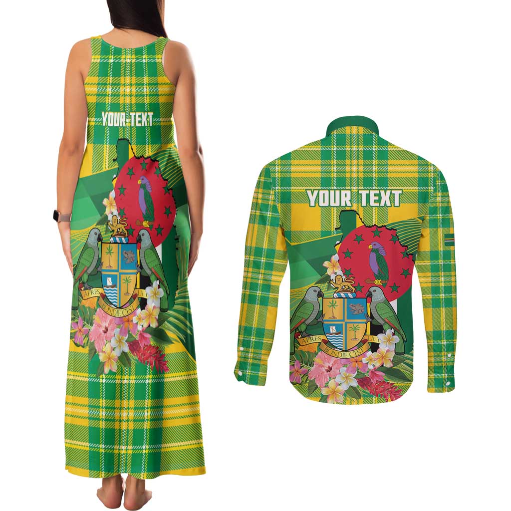 Personalized Dominica Independence Day Couples Matching Tank Maxi Dress and Long Sleeve Button Shirt Map With Coat Of Arms Madras Pattern - Wonder Print Shop
