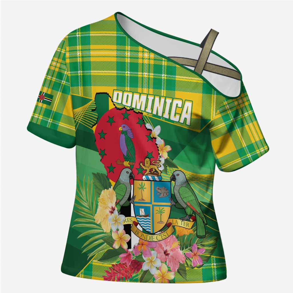 Personalized Dominica Independence Day Cross Shoulder Shirt Map With Coat Of Arms Madras Pattern - Wonder Print Shop