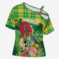 Personalized Dominica Independence Day Cross Shoulder Shirt Map With Coat Of Arms Madras Pattern - Wonder Print Shop