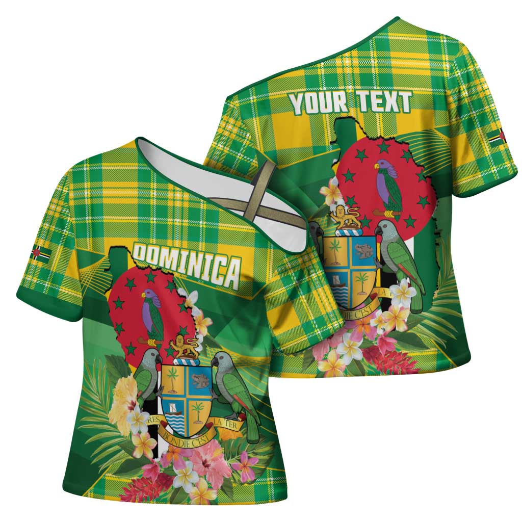 Personalized Dominica Independence Day Cross Shoulder Shirt Map With Coat Of Arms Madras Pattern - Wonder Print Shop