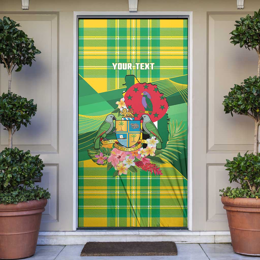 Personalized Dominica Independence Day Door Cover Map With Coat Of Arms Madras Pattern - Wonder Print Shop