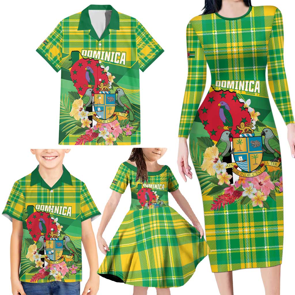 Personalized Dominica Independence Day Family Matching Long Sleeve Bodycon Dress and Hawaiian Shirt Map With Coat Of Arms Madras Pattern - Wonder Print Shop