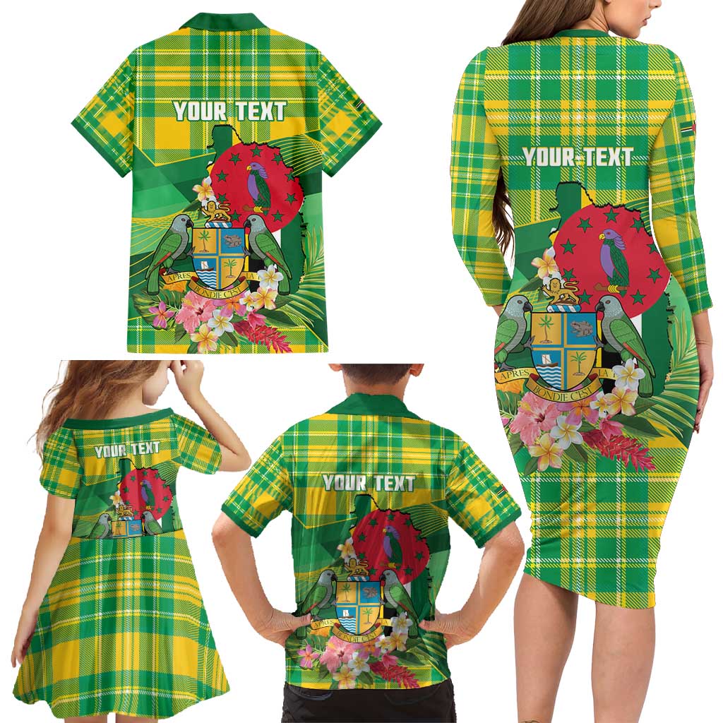 Personalized Dominica Independence Day Family Matching Long Sleeve Bodycon Dress and Hawaiian Shirt Map With Coat Of Arms Madras Pattern - Wonder Print Shop