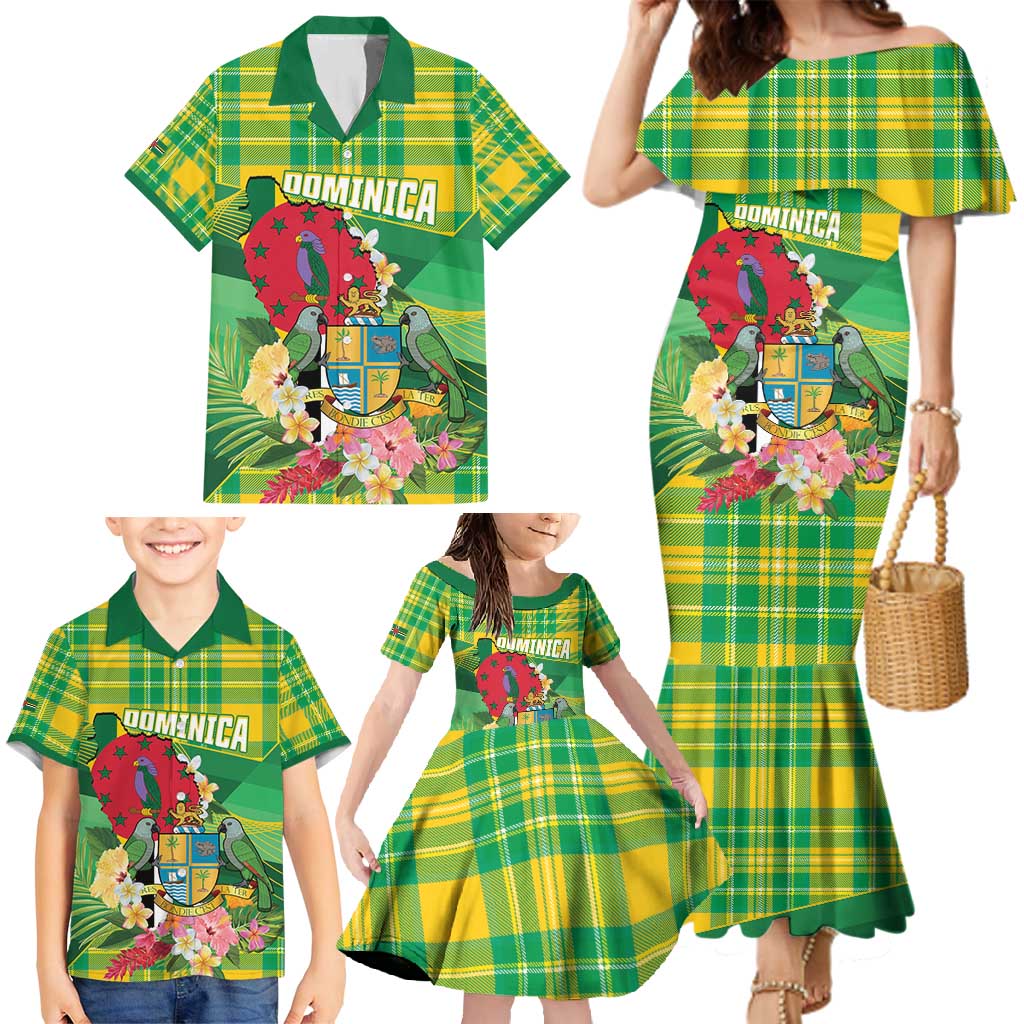 Personalized Dominica Independence Day Family Matching Mermaid Dress and Hawaiian Shirt Map With Coat Of Arms Madras Pattern - Wonder Print Shop