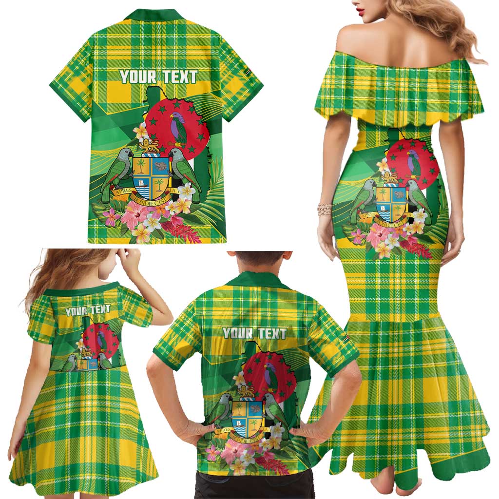 Personalized Dominica Independence Day Family Matching Mermaid Dress and Hawaiian Shirt Map With Coat Of Arms Madras Pattern - Wonder Print Shop