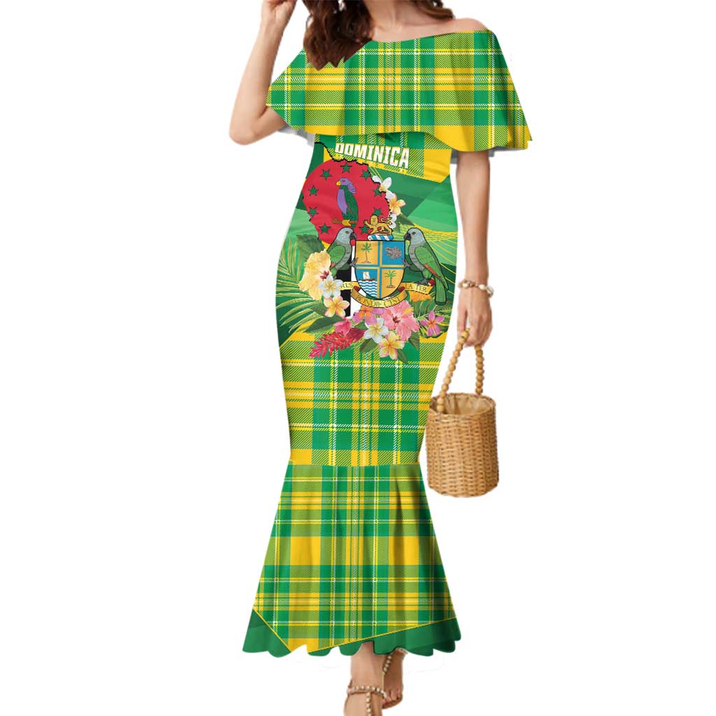 Personalized Dominica Independence Day Family Matching Mermaid Dress and Hawaiian Shirt Map With Coat Of Arms Madras Pattern - Wonder Print Shop