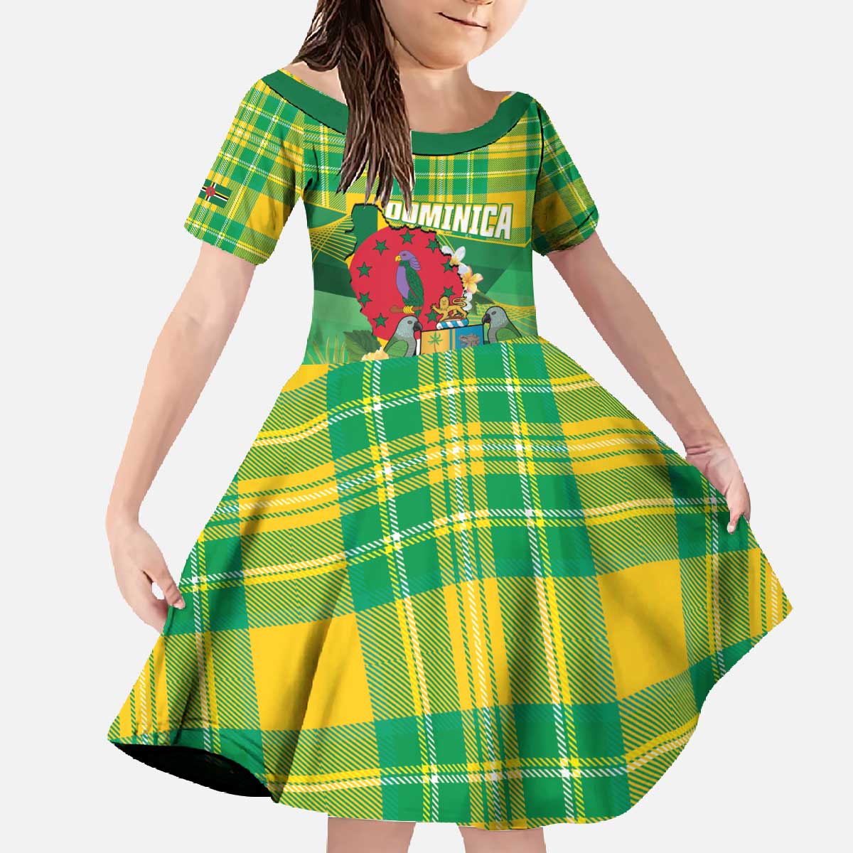 Personalized Dominica Independence Day Family Matching Off The Shoulder Long Sleeve Dress and Hawaiian Shirt Map With Coat Of Arms Madras Pattern - Wonder Print Shop