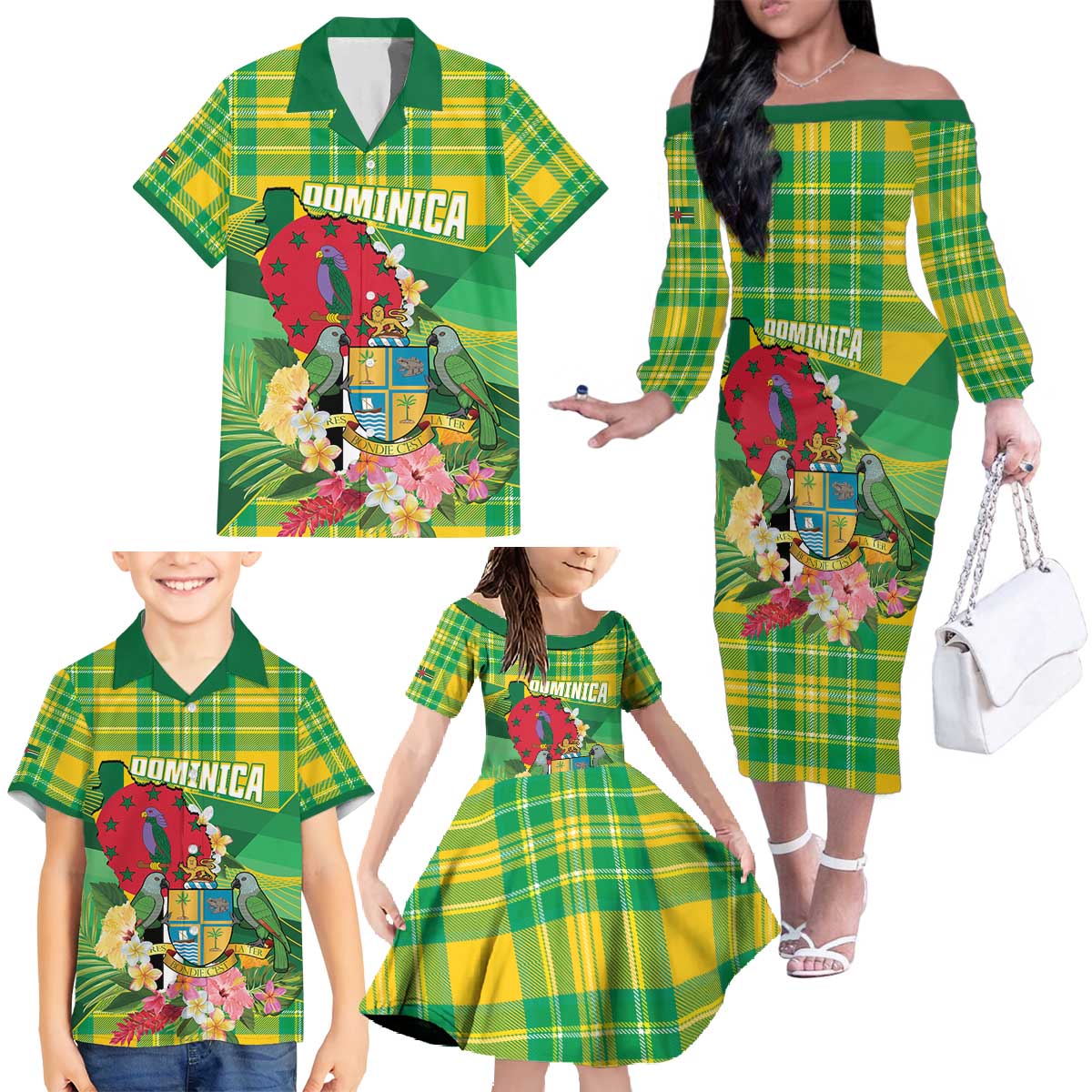 Personalized Dominica Independence Day Family Matching Off The Shoulder Long Sleeve Dress and Hawaiian Shirt Map With Coat Of Arms Madras Pattern - Wonder Print Shop