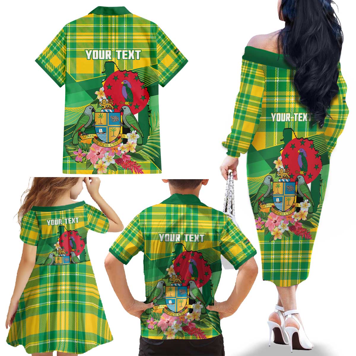 Personalized Dominica Independence Day Family Matching Off The Shoulder Long Sleeve Dress and Hawaiian Shirt Map With Coat Of Arms Madras Pattern - Wonder Print Shop