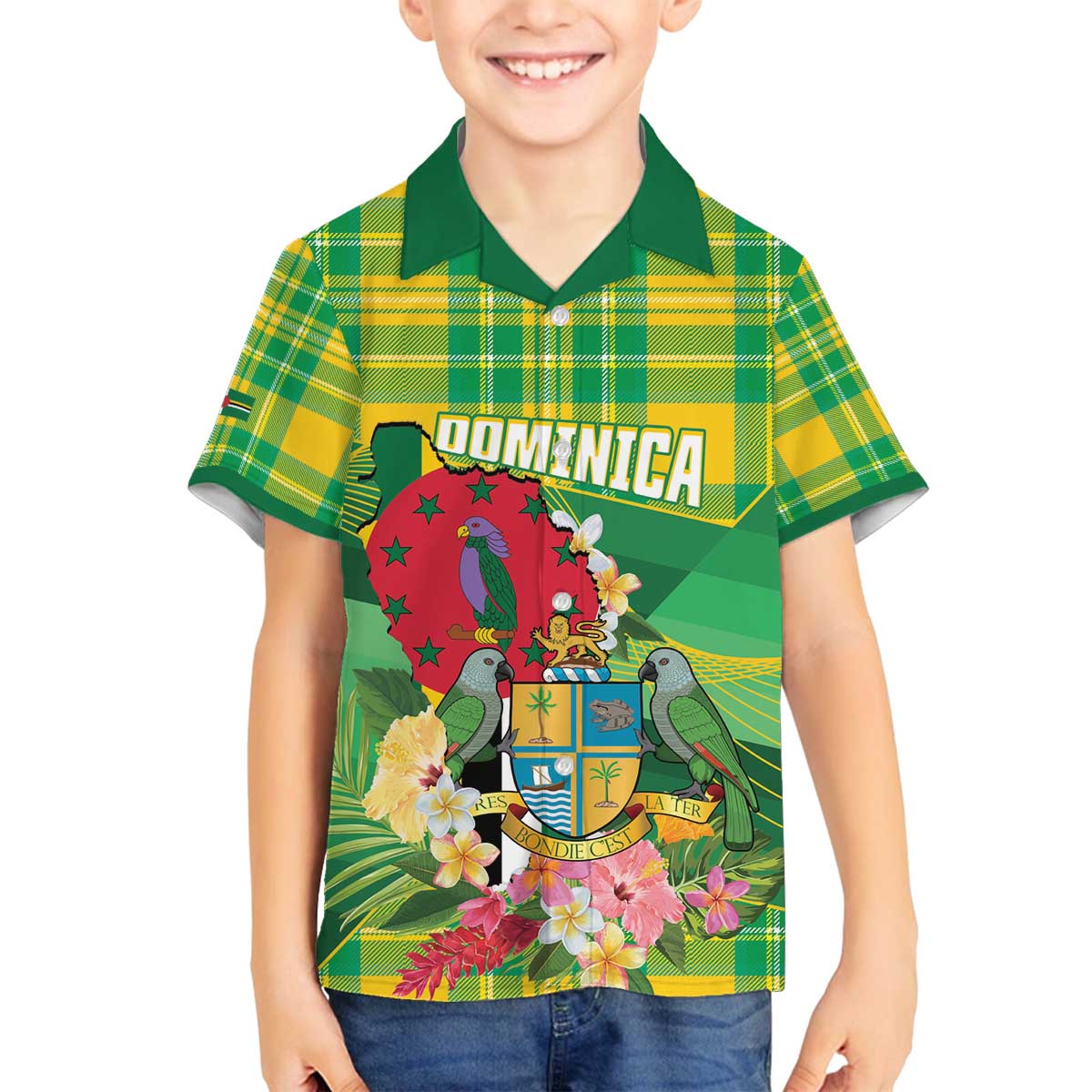 Personalized Dominica Independence Day Family Matching Off The Shoulder Long Sleeve Dress and Hawaiian Shirt Map With Coat Of Arms Madras Pattern - Wonder Print Shop