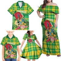 Personalized Dominica Independence Day Family Matching Off Shoulder Maxi Dress and Hawaiian Shirt Map With Coat Of Arms Madras Pattern - Wonder Print Shop