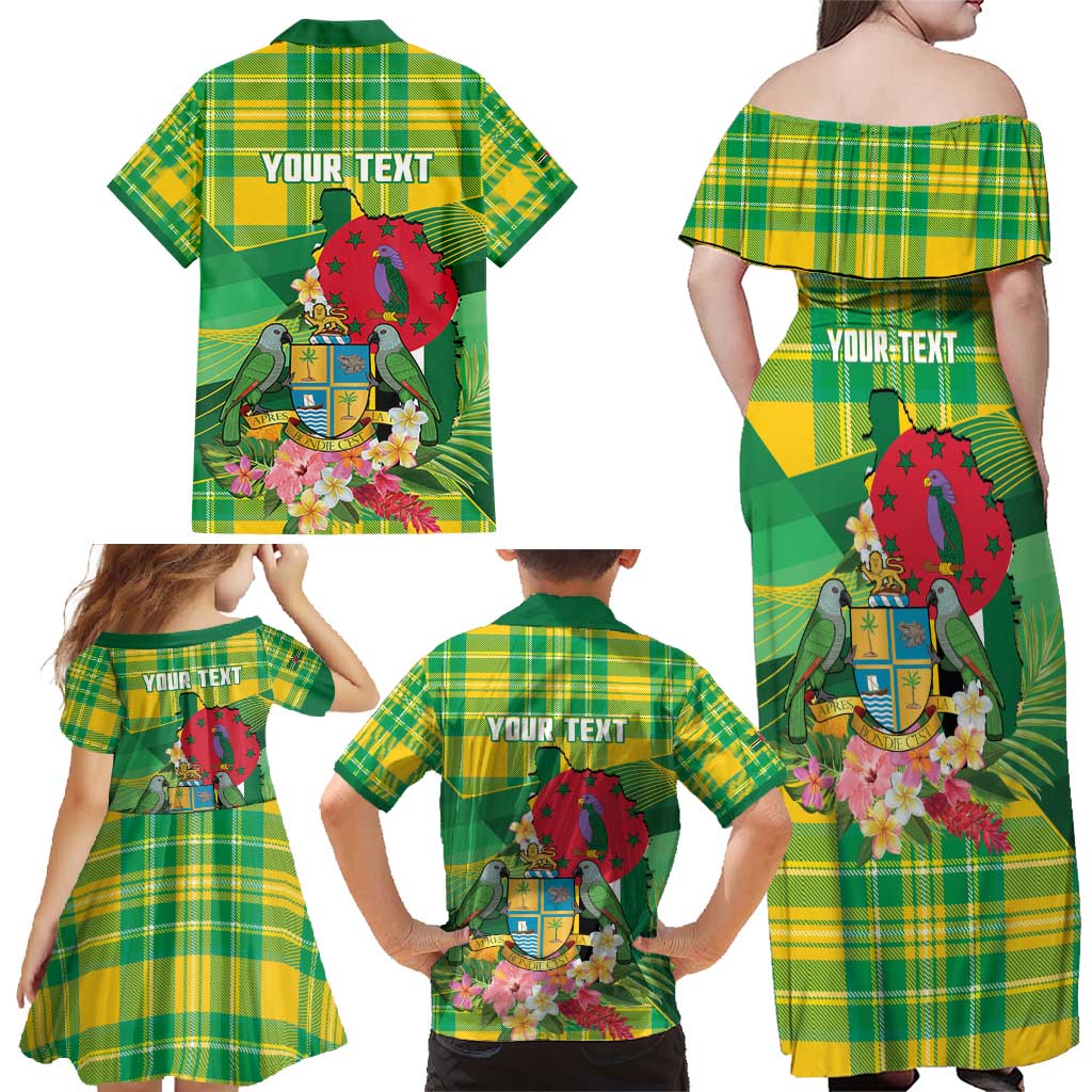 Personalized Dominica Independence Day Family Matching Off Shoulder Maxi Dress and Hawaiian Shirt Map With Coat Of Arms Madras Pattern - Wonder Print Shop
