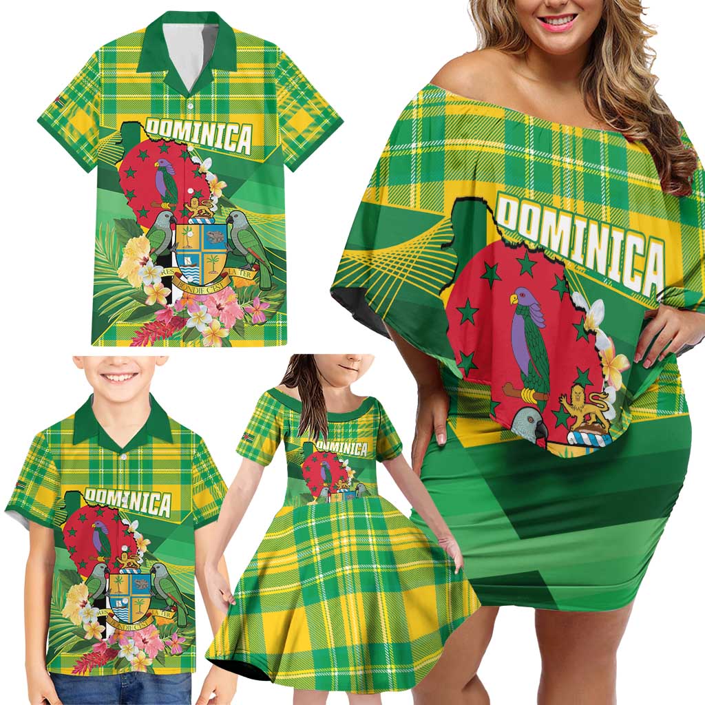 Personalized Dominica Independence Day Family Matching Off Shoulder Short Dress and Hawaiian Shirt Map With Coat Of Arms Madras Pattern - Wonder Print Shop