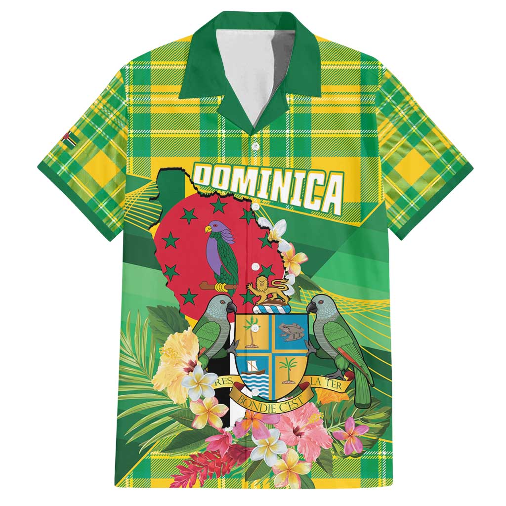 Personalized Dominica Independence Day Family Matching Off Shoulder Short Dress and Hawaiian Shirt Map With Coat Of Arms Madras Pattern - Wonder Print Shop