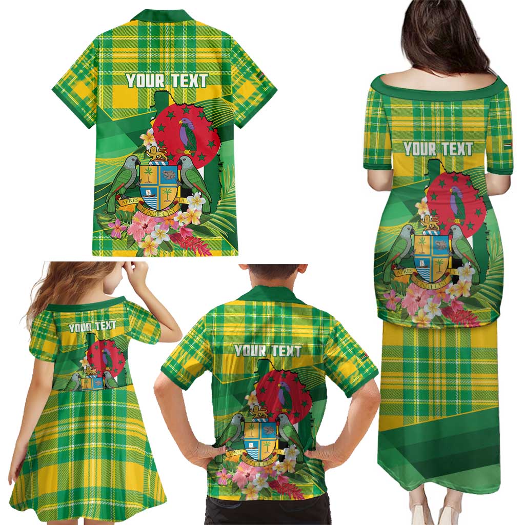 Personalized Dominica Independence Day Family Matching Puletasi and Hawaiian Shirt Map With Coat Of Arms Madras Pattern - Wonder Print Shop