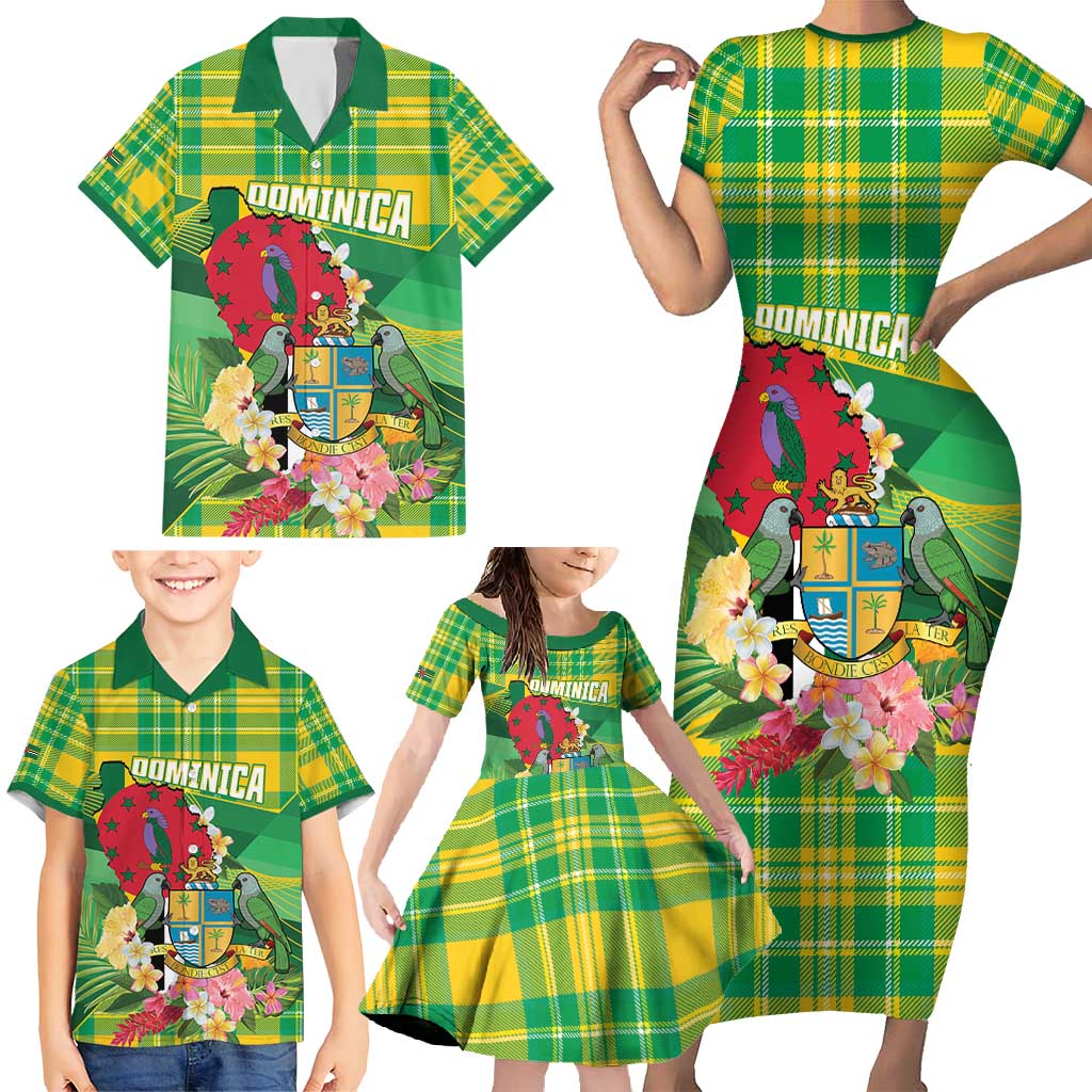 Personalized Dominica Independence Day Family Matching Short Sleeve Bodycon Dress and Hawaiian Shirt Map With Coat Of Arms Madras Pattern - Wonder Print Shop