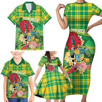 Personalized Dominica Independence Day Family Matching Short Sleeve Bodycon Dress and Hawaiian Shirt Map With Coat Of Arms Madras Pattern - Wonder Print Shop