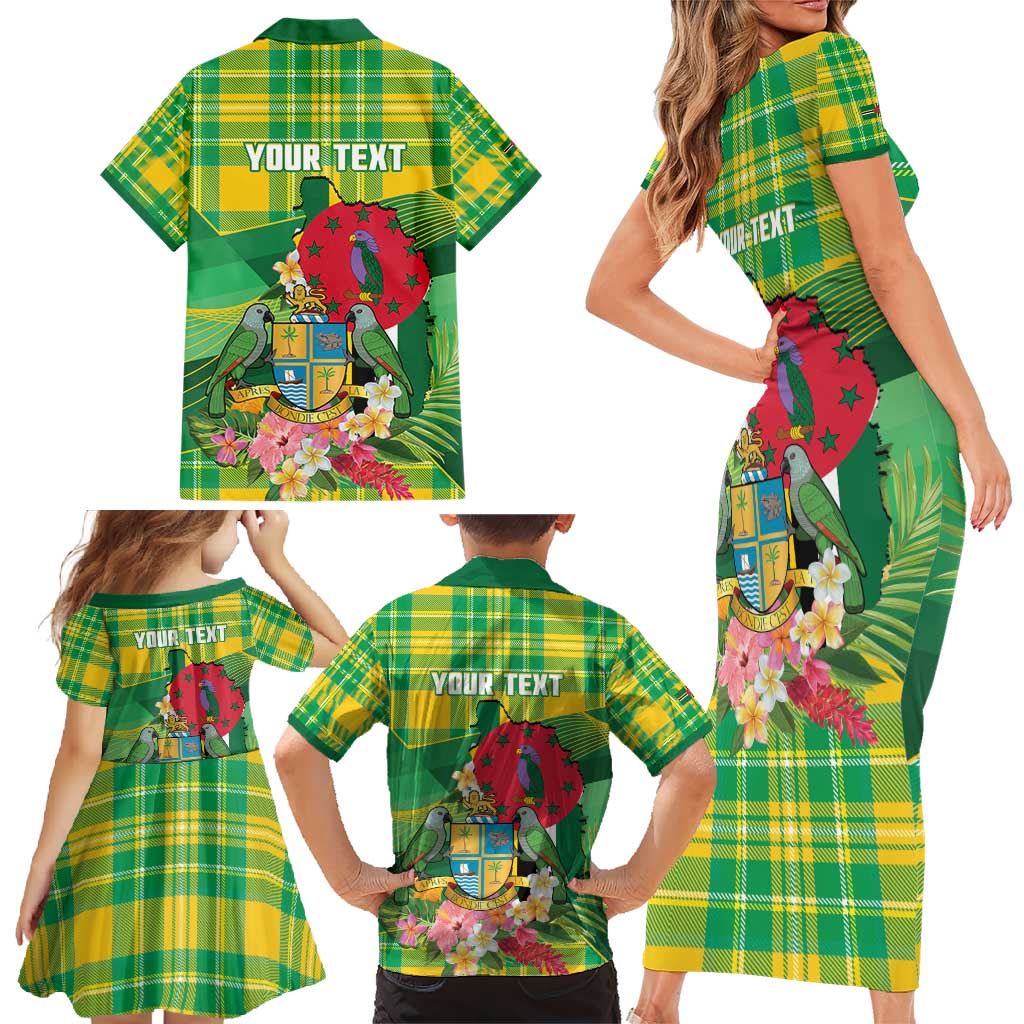 Personalized Dominica Independence Day Family Matching Short Sleeve Bodycon Dress and Hawaiian Shirt Map With Coat Of Arms Madras Pattern - Wonder Print Shop