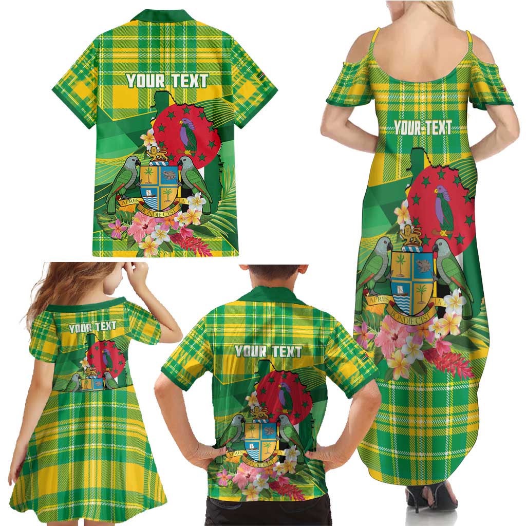 Personalized Dominica Independence Day Family Matching Summer Maxi Dress and Hawaiian Shirt Map With Coat Of Arms Madras Pattern - Wonder Print Shop