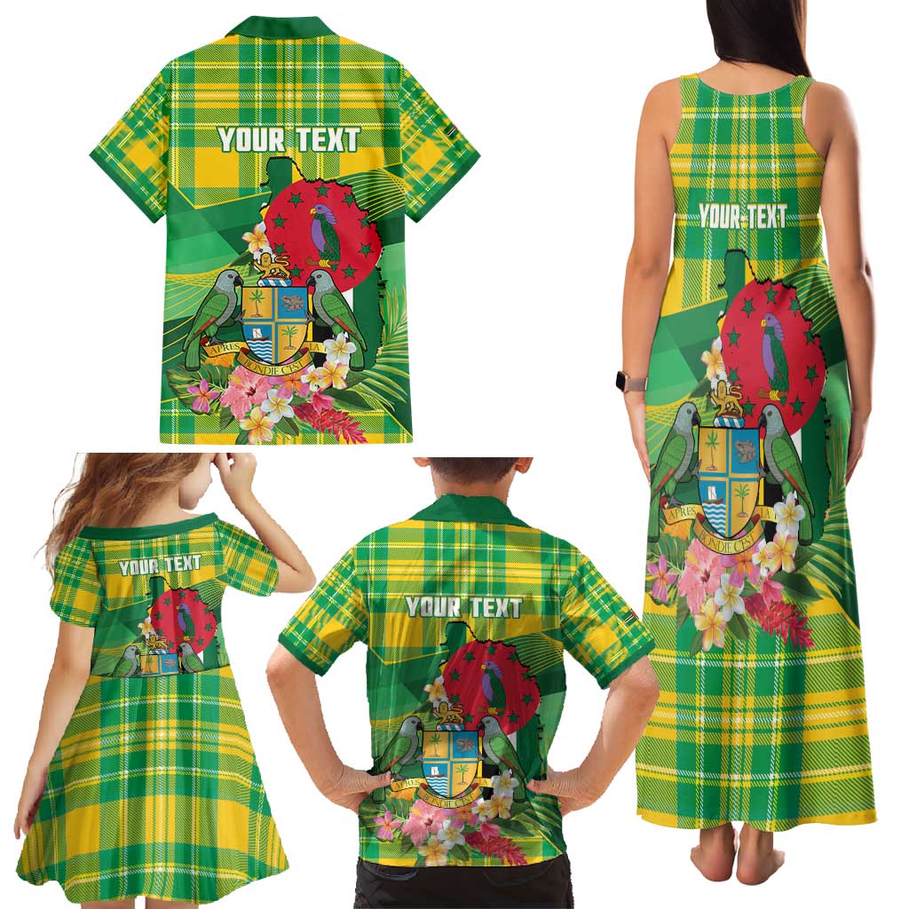 Personalized Dominica Independence Day Family Matching Tank Maxi Dress and Hawaiian Shirt Map With Coat Of Arms Madras Pattern - undefined