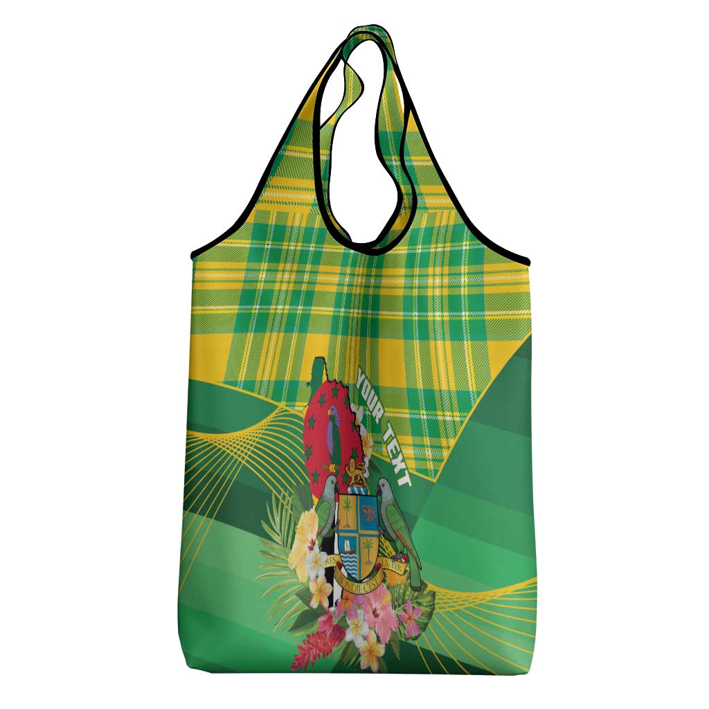 Personalized Dominica Independence Day Grocery Bag Map With Coat Of Arms Madras Pattern - Wonder Print Shop