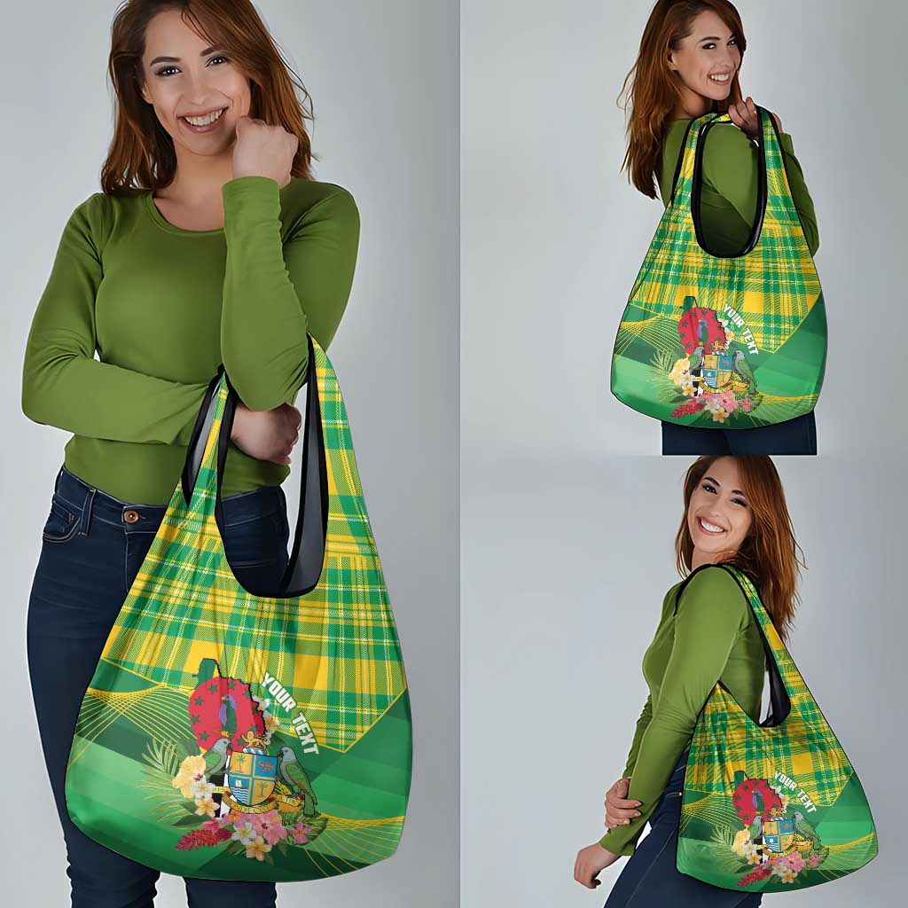 Personalized Dominica Independence Day Grocery Bag Map With Coat Of Arms Madras Pattern - Wonder Print Shop
