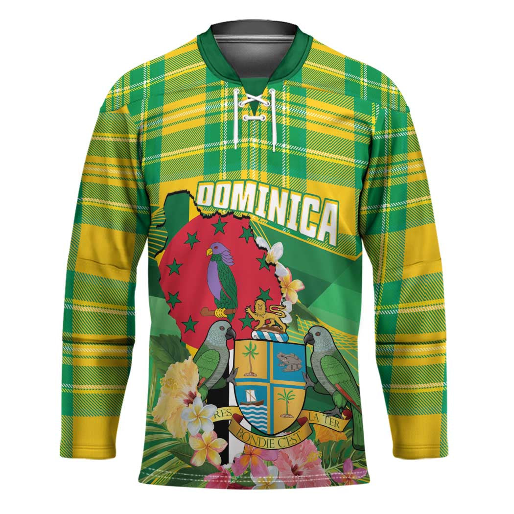 Personalized Dominica Independence Day Hockey Jersey Map With Coat Of Arms Madras Pattern - Wonder Print Shop