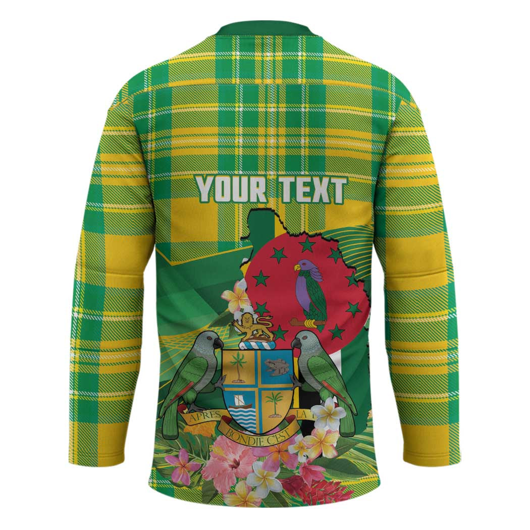 Personalized Dominica Independence Day Hockey Jersey Map With Coat Of Arms Madras Pattern - Wonder Print Shop