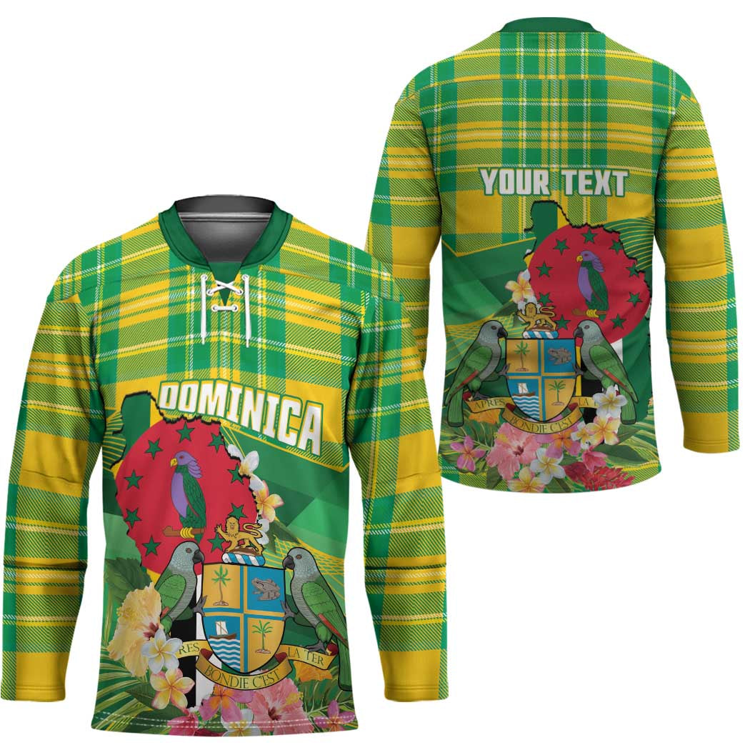 Personalized Dominica Independence Day Hockey Jersey Map With Coat Of Arms Madras Pattern - Wonder Print Shop