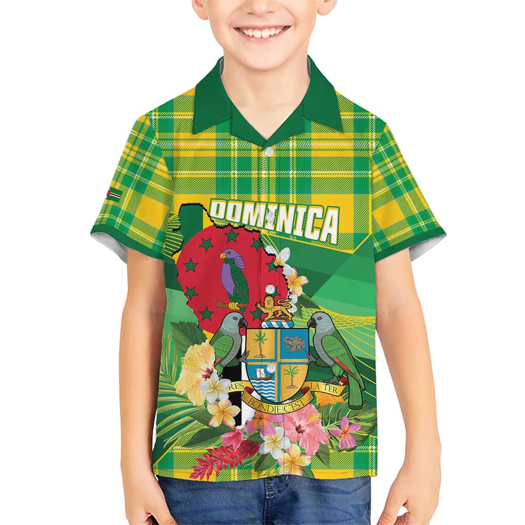 Personalized Dominica Independence Day Kid Hawaiian Shirt Map With Coat Of Arms Madras Pattern - Wonder Print Shop