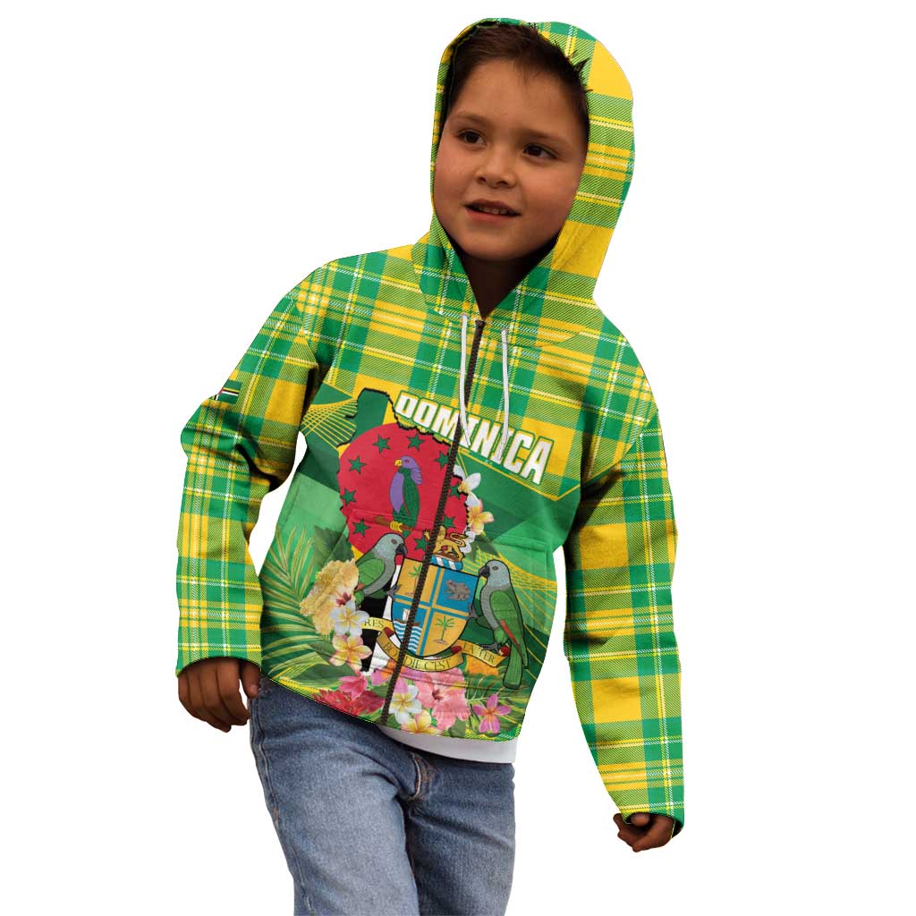 Personalized Dominica Independence Day Kid Hoodie Map With Coat Of Arms Madras Pattern - Wonder Print Shop