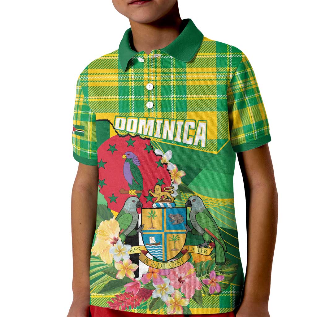 Personalized Dominica Independence Day Kid Polo Shirt Map With Coat Of Arms Madras Pattern - Wonder Print Shop