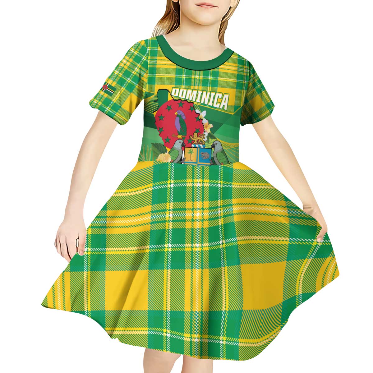 Personalized Dominica Independence Day Kid Short Sleeve Dress Map With Coat Of Arms Madras Pattern - Wonder Print Shop