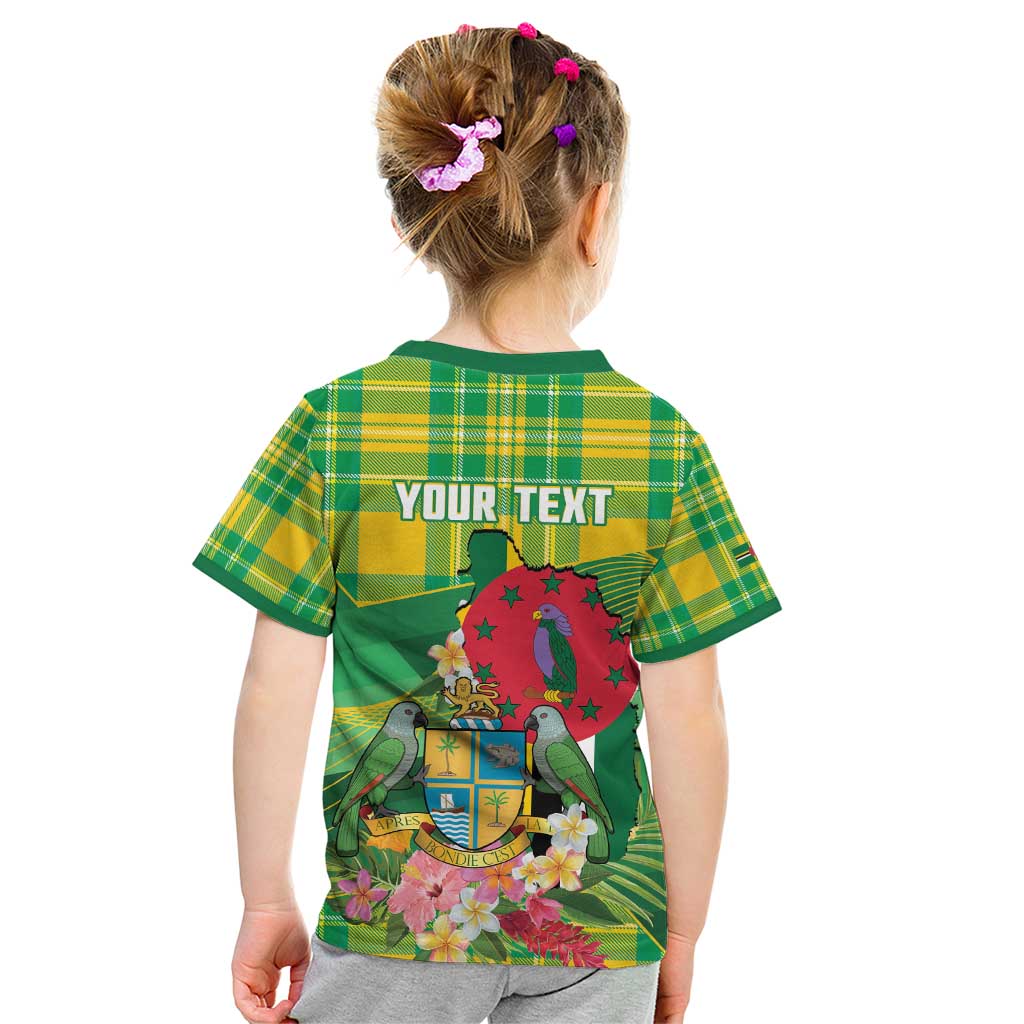 Personalized Dominica Independence Day Kid T Shirt Map With Coat Of Arms Madras Pattern - Wonder Print Shop