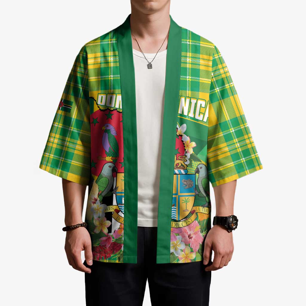 Personalized Dominica Independence Day Kimono Map With Coat Of Arms Madras Pattern - Wonder Print Shop