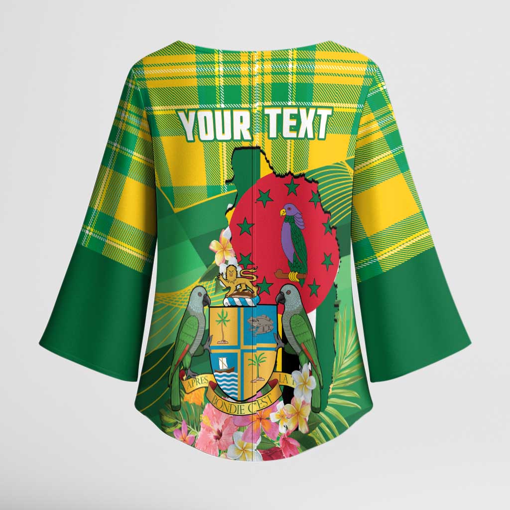 Personalized Dominica Independence Day Kimono Sleeve Blouse Map With Coat Of Arms Madras Pattern - Wonder Print Shop