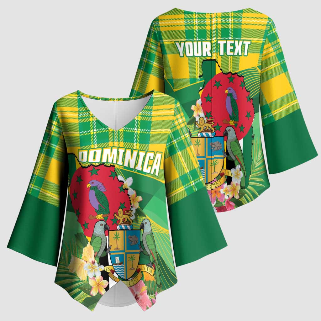 Personalized Dominica Independence Day Kimono Sleeve Blouse Map With Coat Of Arms Madras Pattern - Wonder Print Shop
