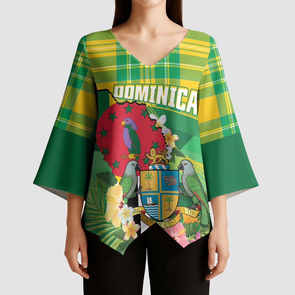 Personalized Dominica Independence Day Kimono Sleeve Blouse Map With Coat Of Arms Madras Pattern - Wonder Print Shop