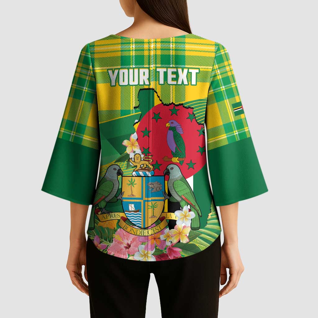 Personalized Dominica Independence Day Kimono Sleeve Blouse Map With Coat Of Arms Madras Pattern - Wonder Print Shop