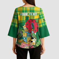 Personalized Dominica Independence Day Kimono Sleeve Blouse Map With Coat Of Arms Madras Pattern - Wonder Print Shop
